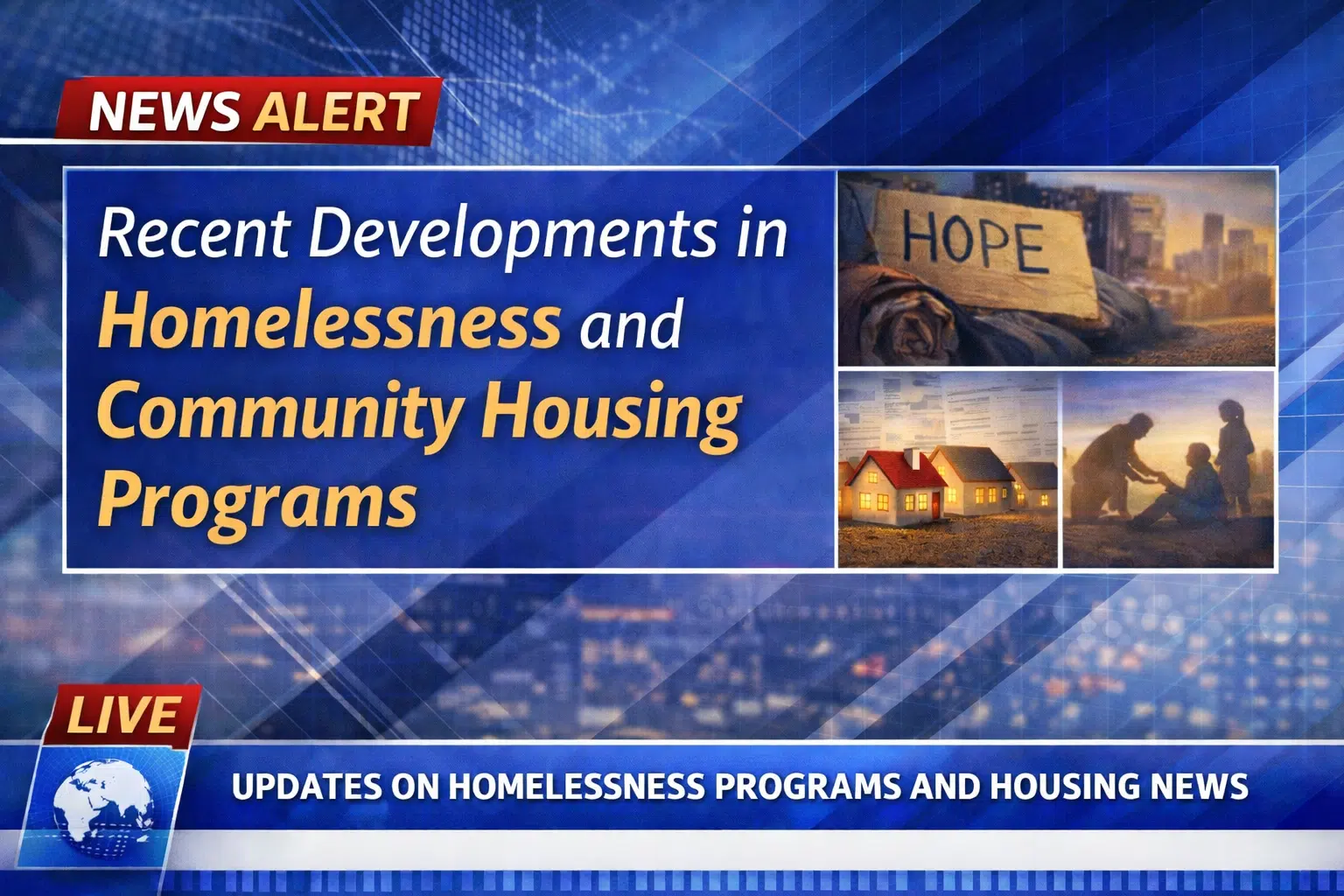 News-style cover: 'Recent Developments in Homelessness and Community Housing Programs' with images of housing and people.