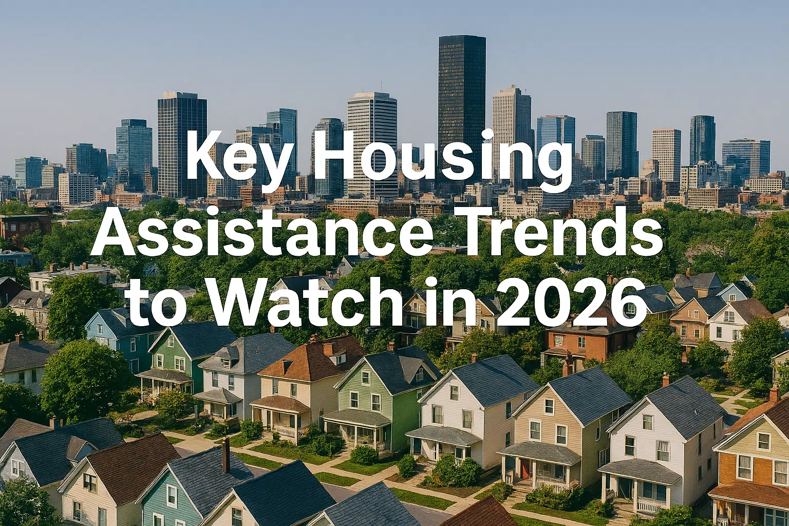 Lush green trees fill the landscape between residential areas and tall city buildings. Bold white text over the image reads: “Key Housing Assistance Trends to Watch in 2026